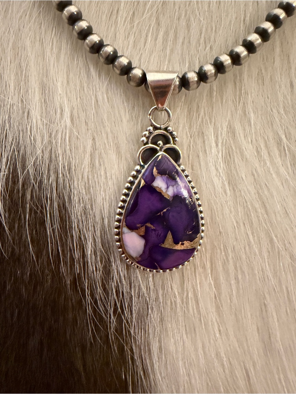 ❤️ Purple White Dahlia Kingman Turquoise Sterling 925 Statement Pendant Unisex - Picture 5 of 12